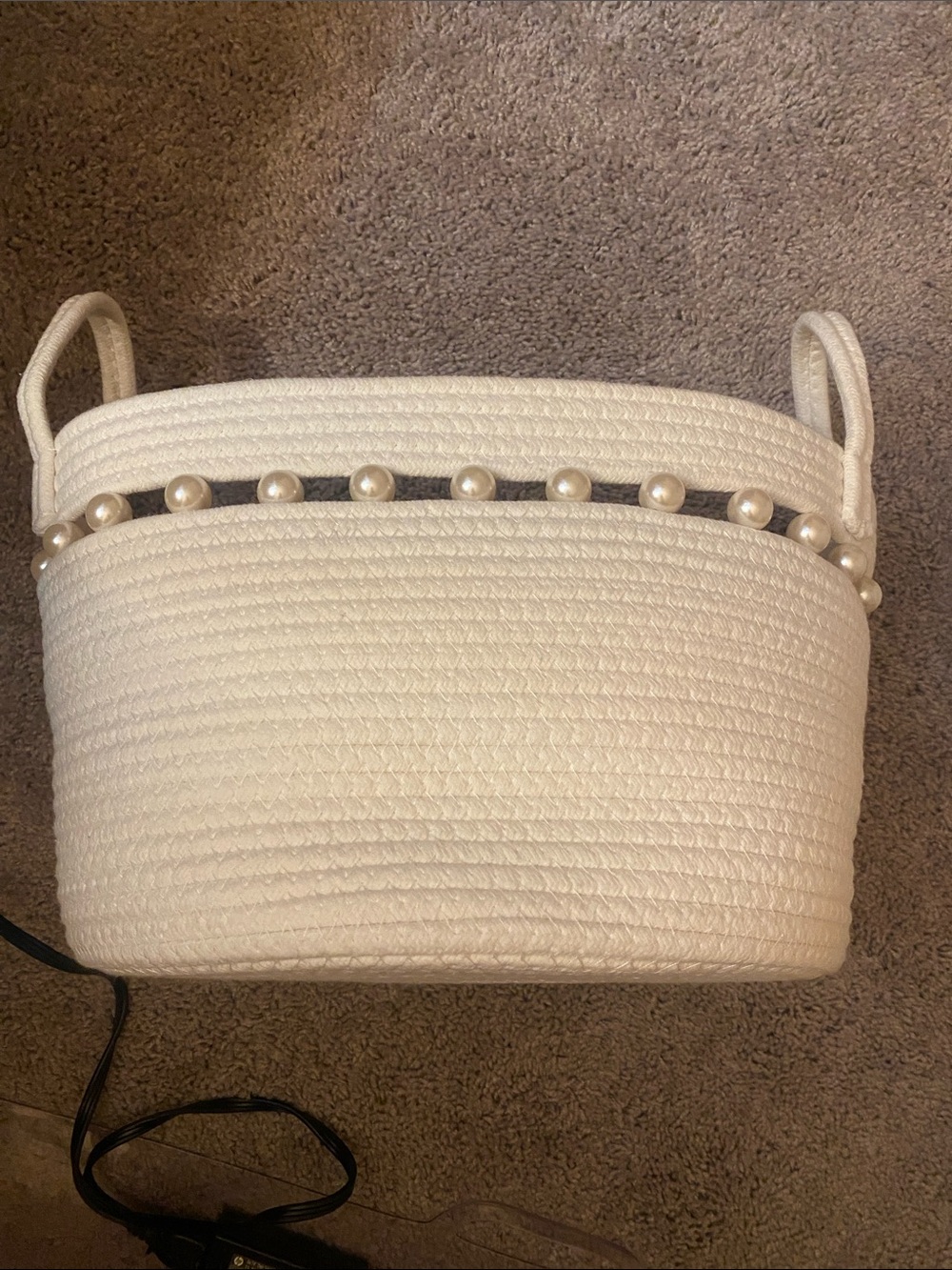 Woven Pearl-Trim Storage Basket - White